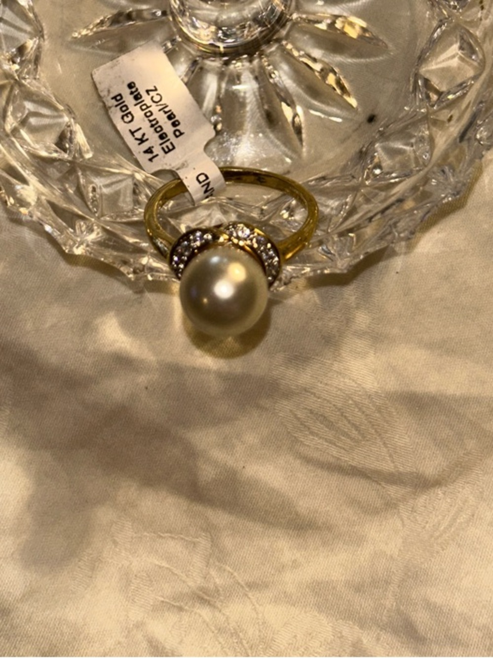 Gold Pearl Ring with Clear Crystals